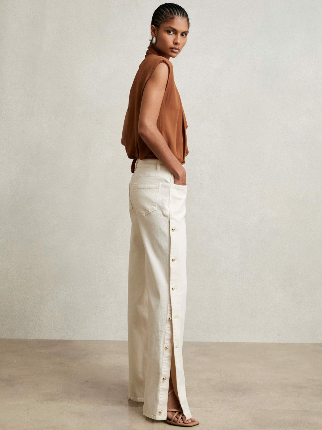 Petite Side Button Wide Leg Jeans Cream | Womens
