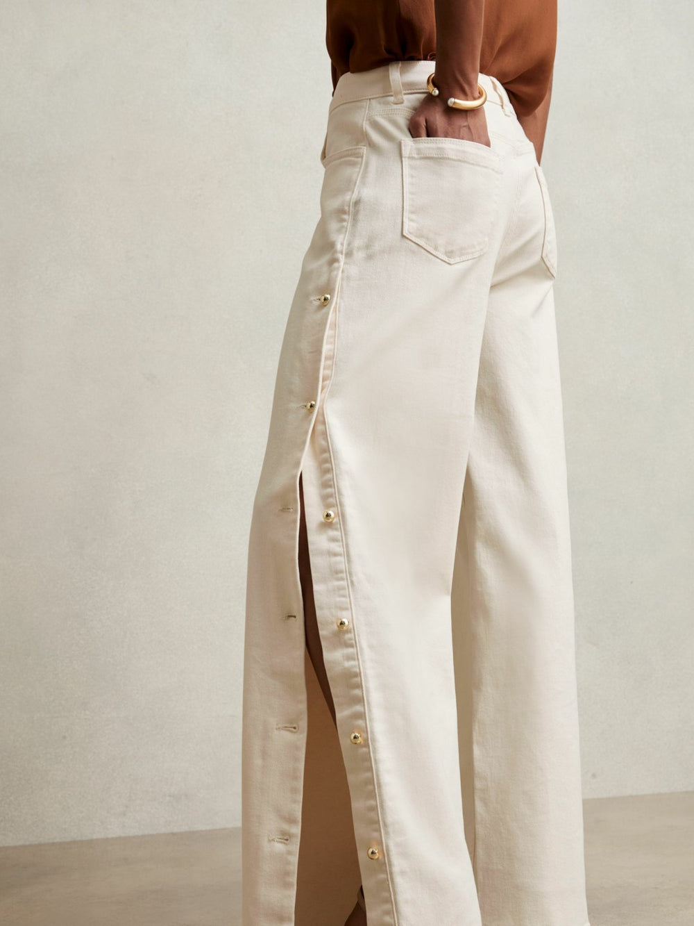 Petite Side Button Wide Leg Jeans Cream | Womens