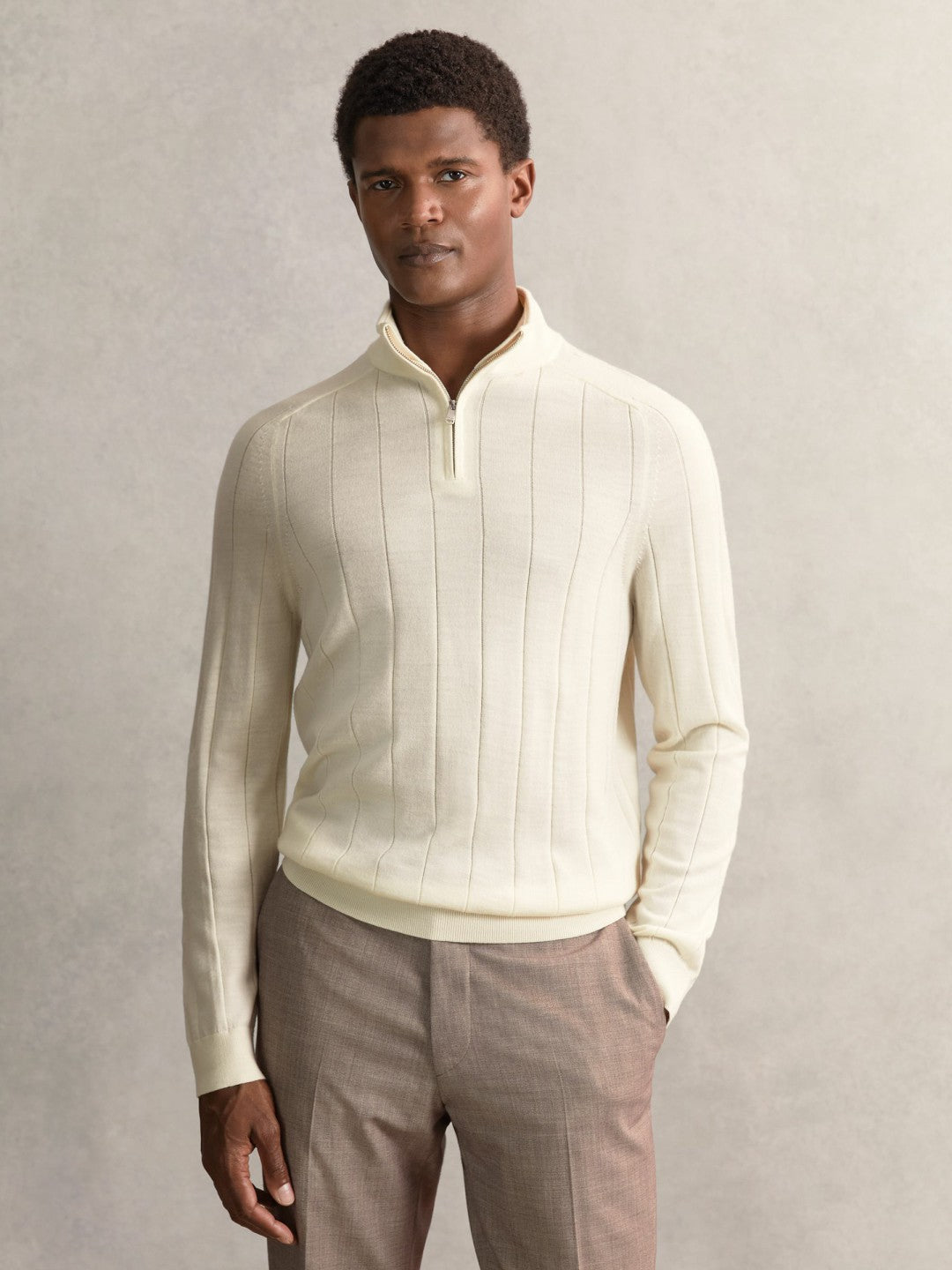 Merino Wool Wide-Rib Half-Zip Jumper Bianco | Mens
