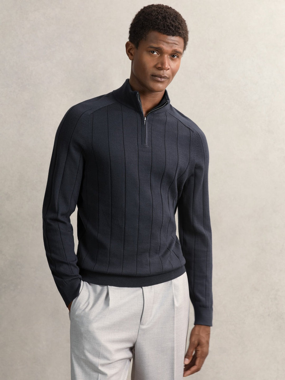 Merino Wool Wide-Rib Half-Zip Jumper Airforce Blue | Mens