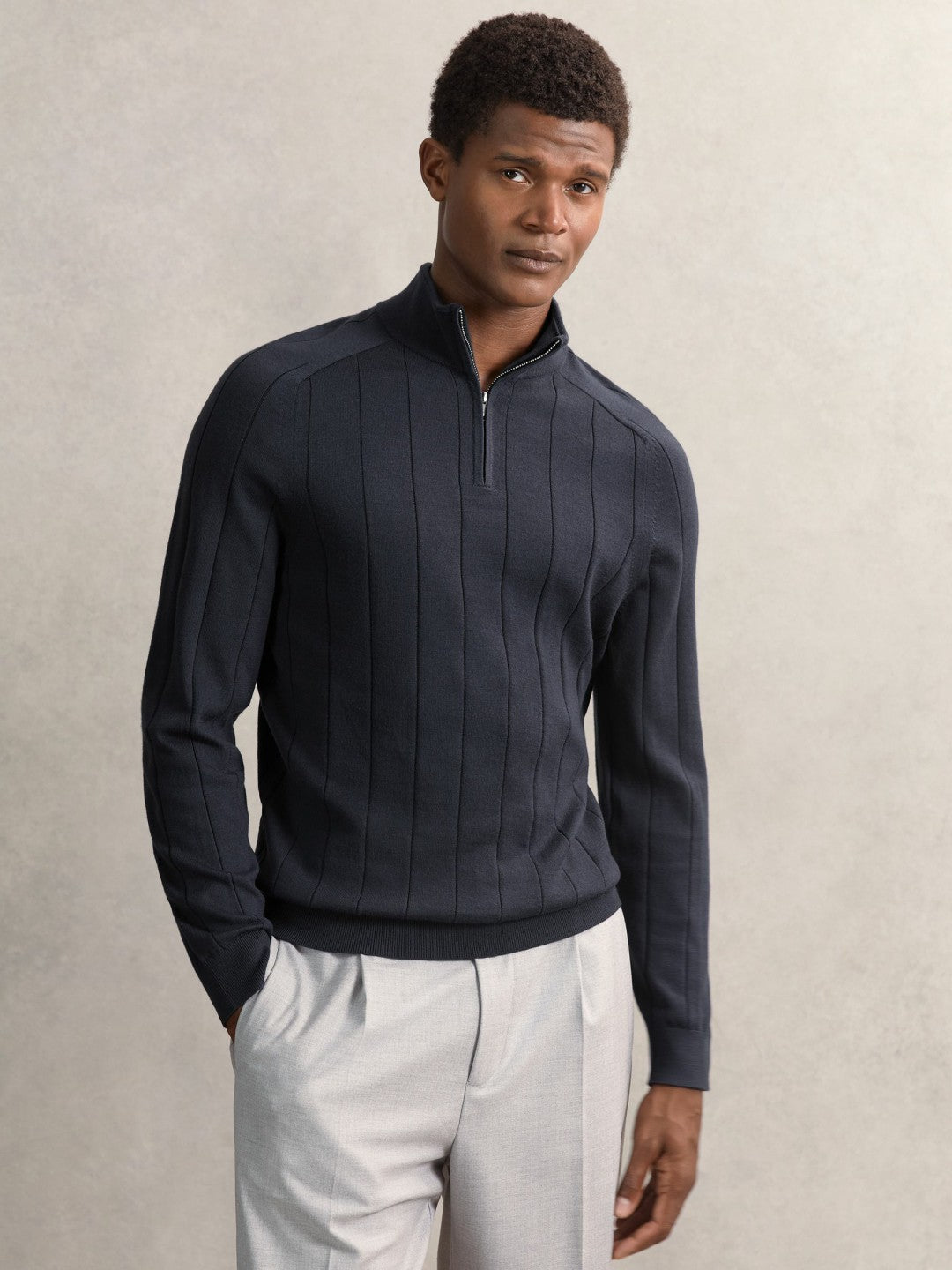 Merino Wool Wide-Rib Half-Zip Jumper Airforce Blue | Mens