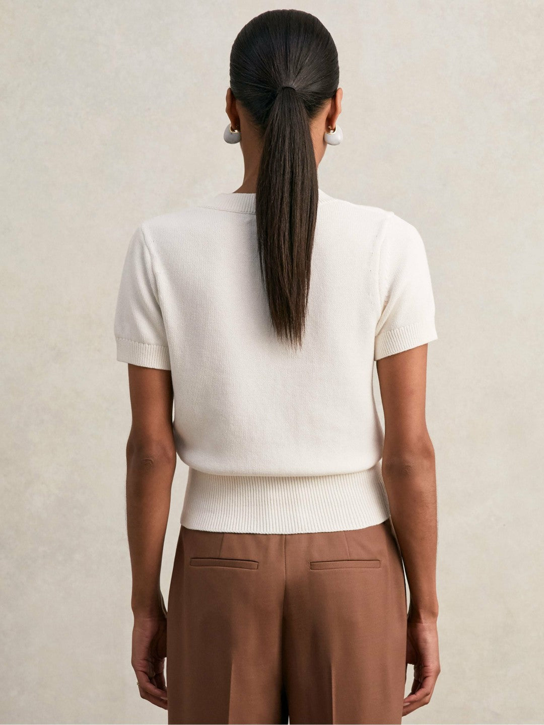 Cotton-Wool Knit V-Neck Top Ivory | Womens