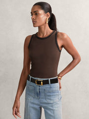 Stretch-Cotton Jersey Tipped Vest Chocolate Brown/Black | Womens