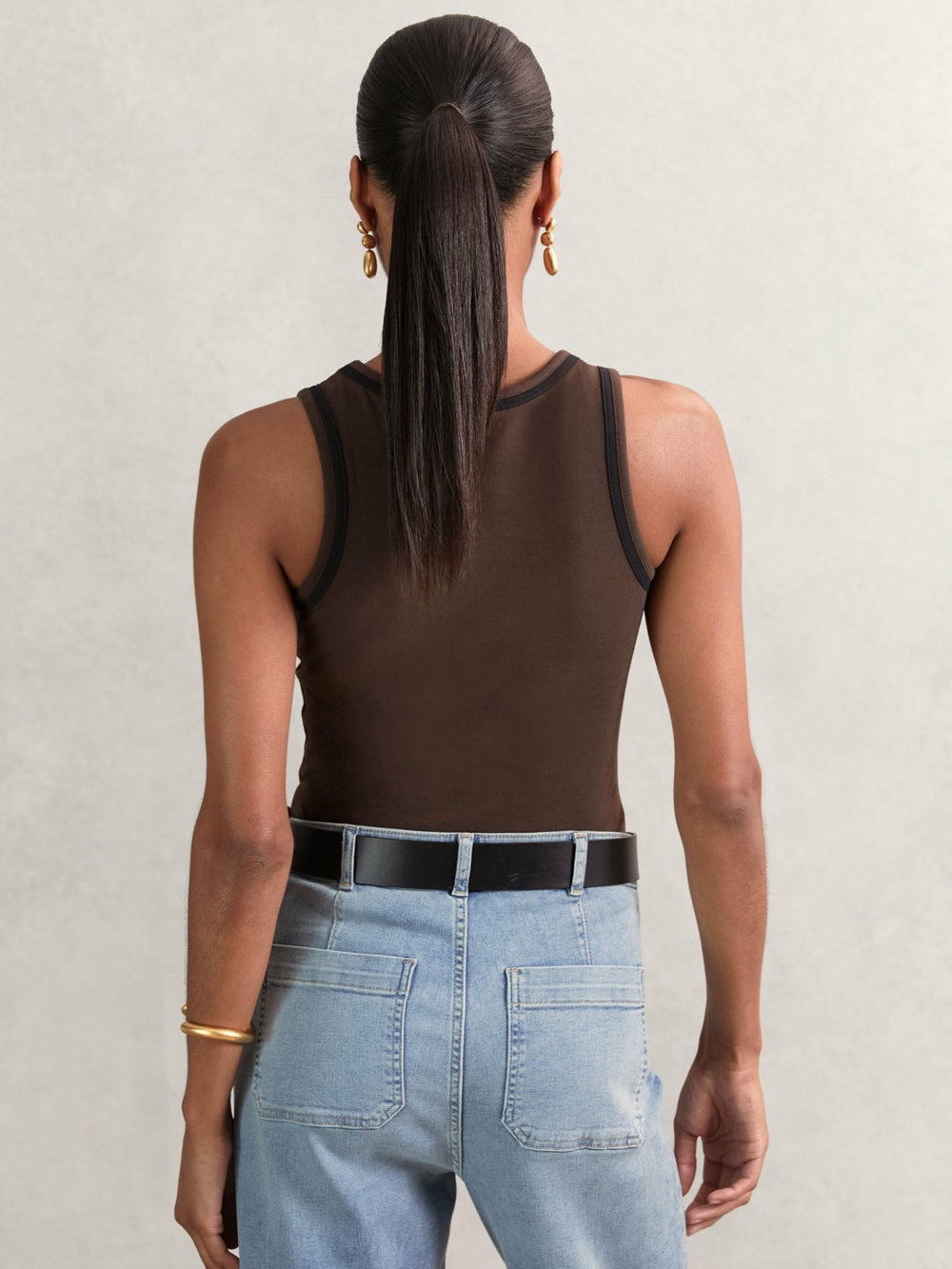 Stretch-Cotton Jersey Tipped Vest Chocolate Brown/Black | Womens