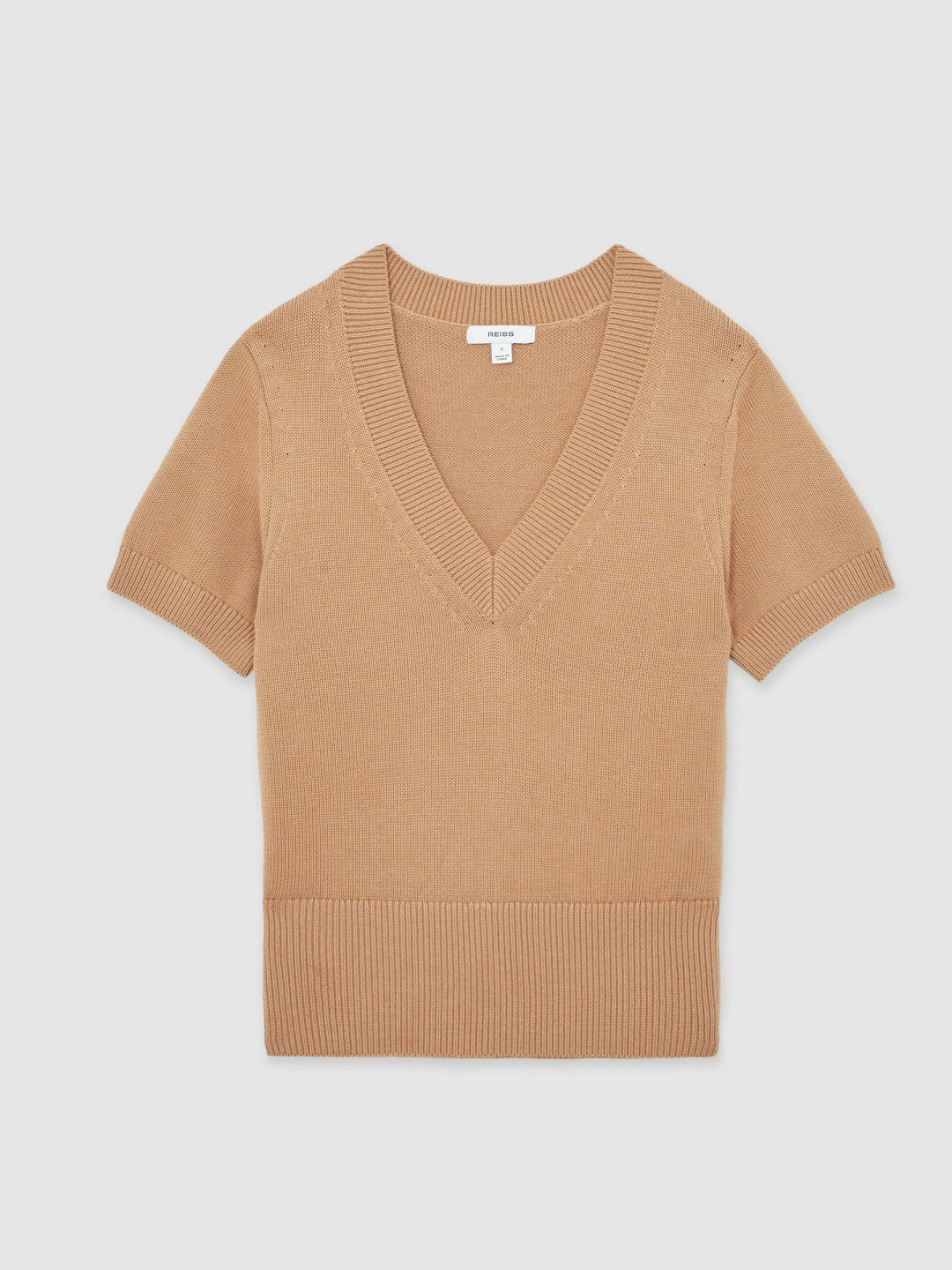Cotton-Wool Knit V-Neck Top Camel | Womens