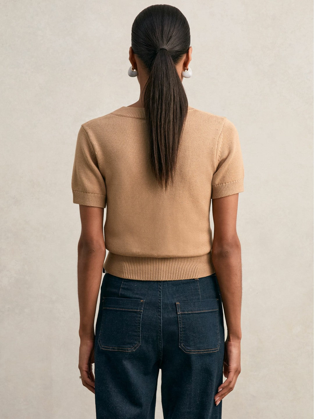 Cotton-Wool Knit V-Neck Top Camel | Womens