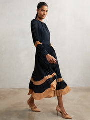 Colour-Block Pleated Midi Dress Navy/Camel | Womens