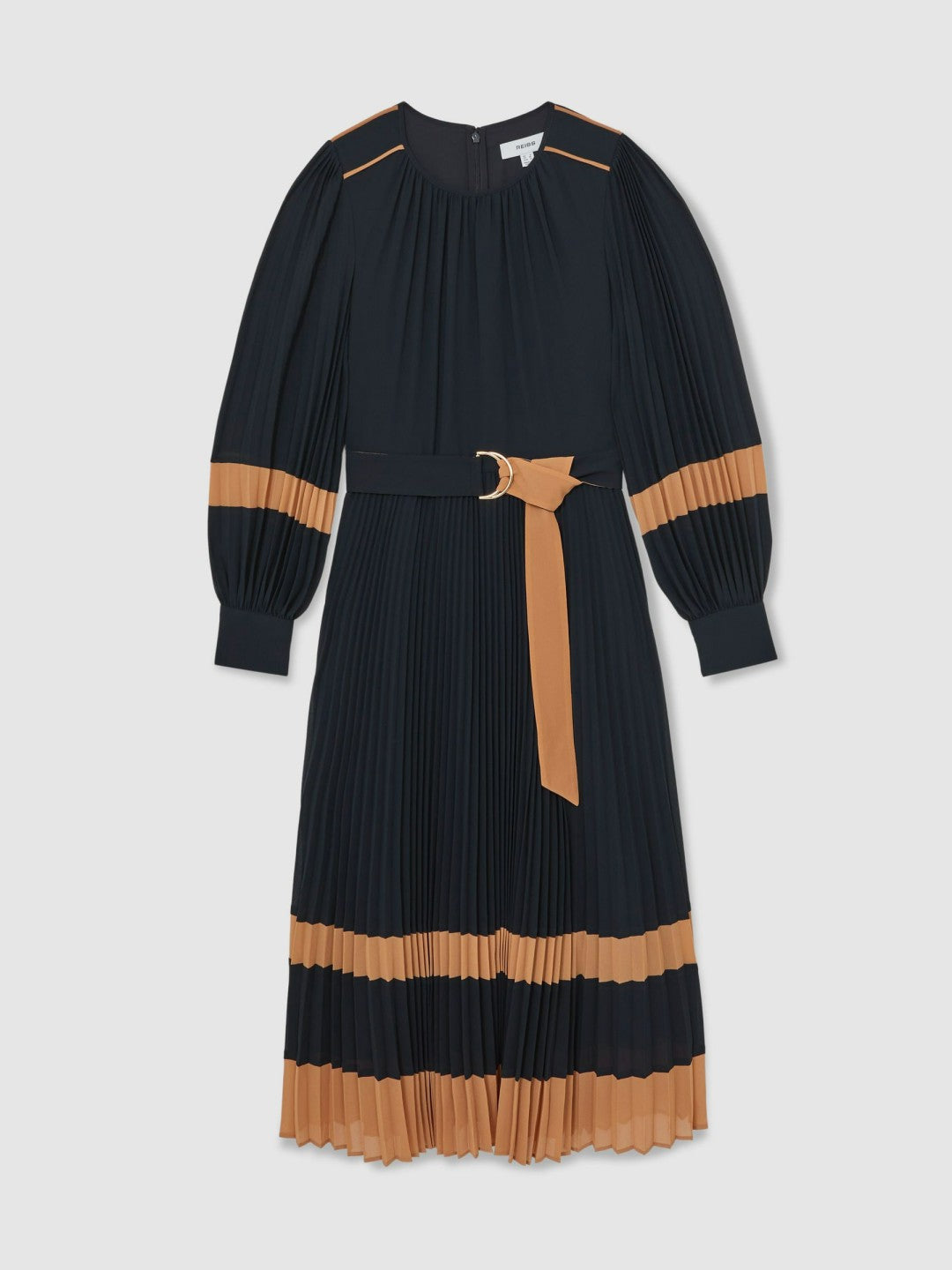 Colour-Block Pleated Midi Dress Navy/Camel | Womens