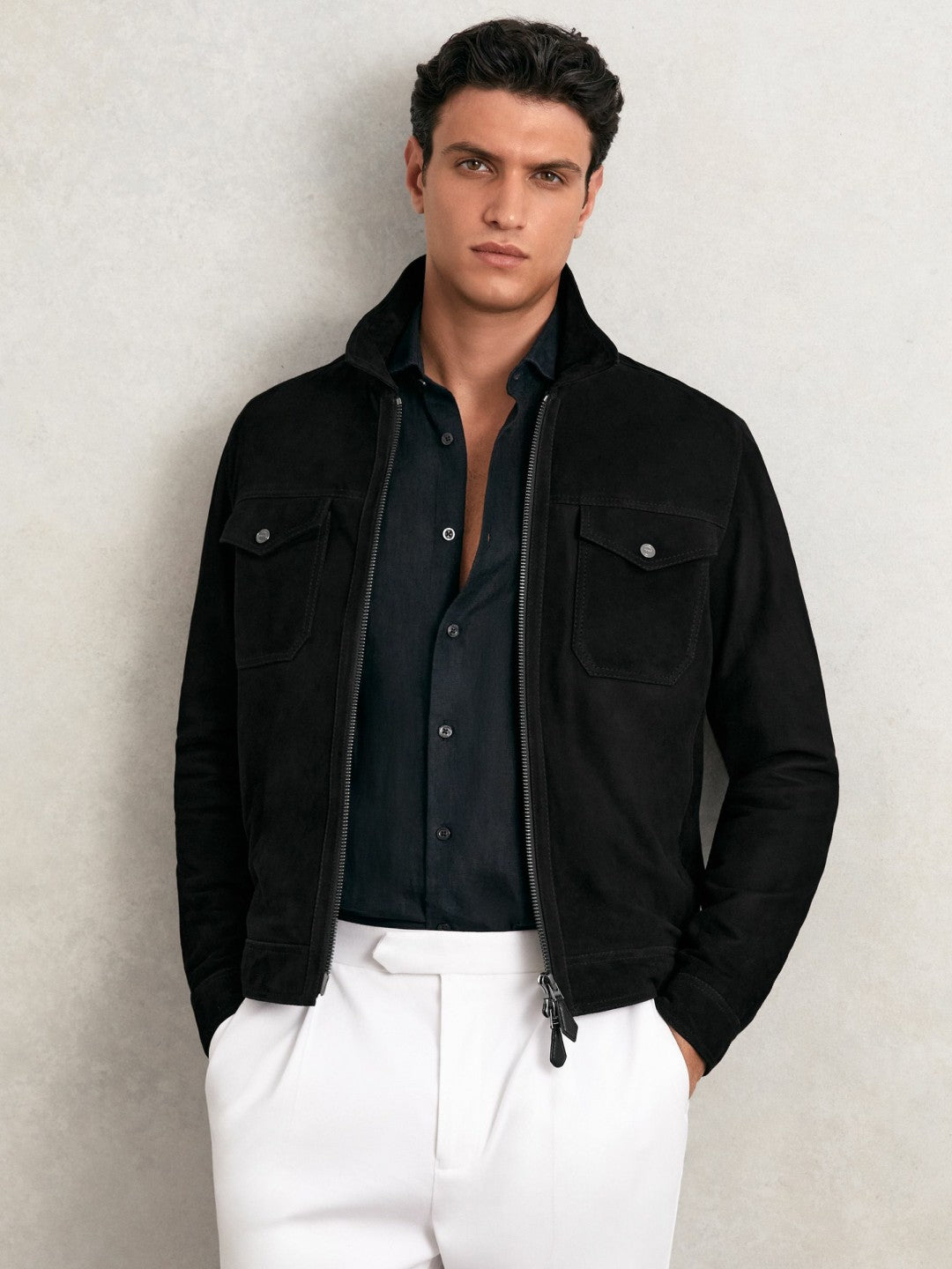 Suede Zip Through Jacket Black | Mens