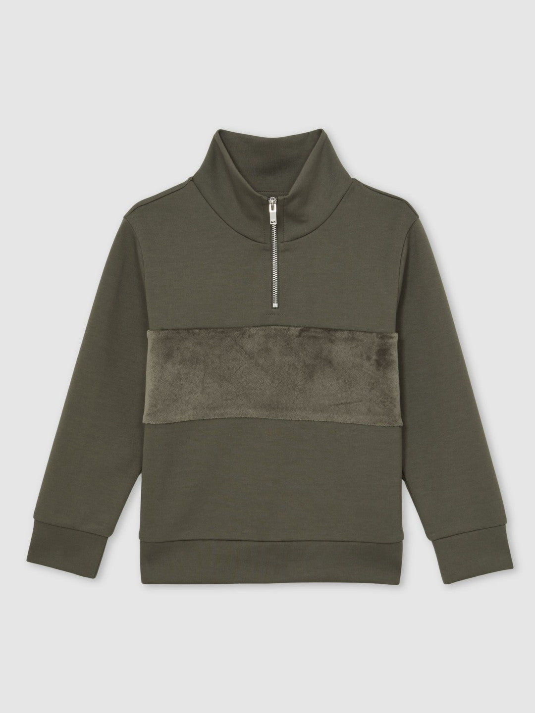 13-14 yrs Slim Fit Half-Zip Funnel Neck Velour Sweatshirt Dark Sage Green | Children