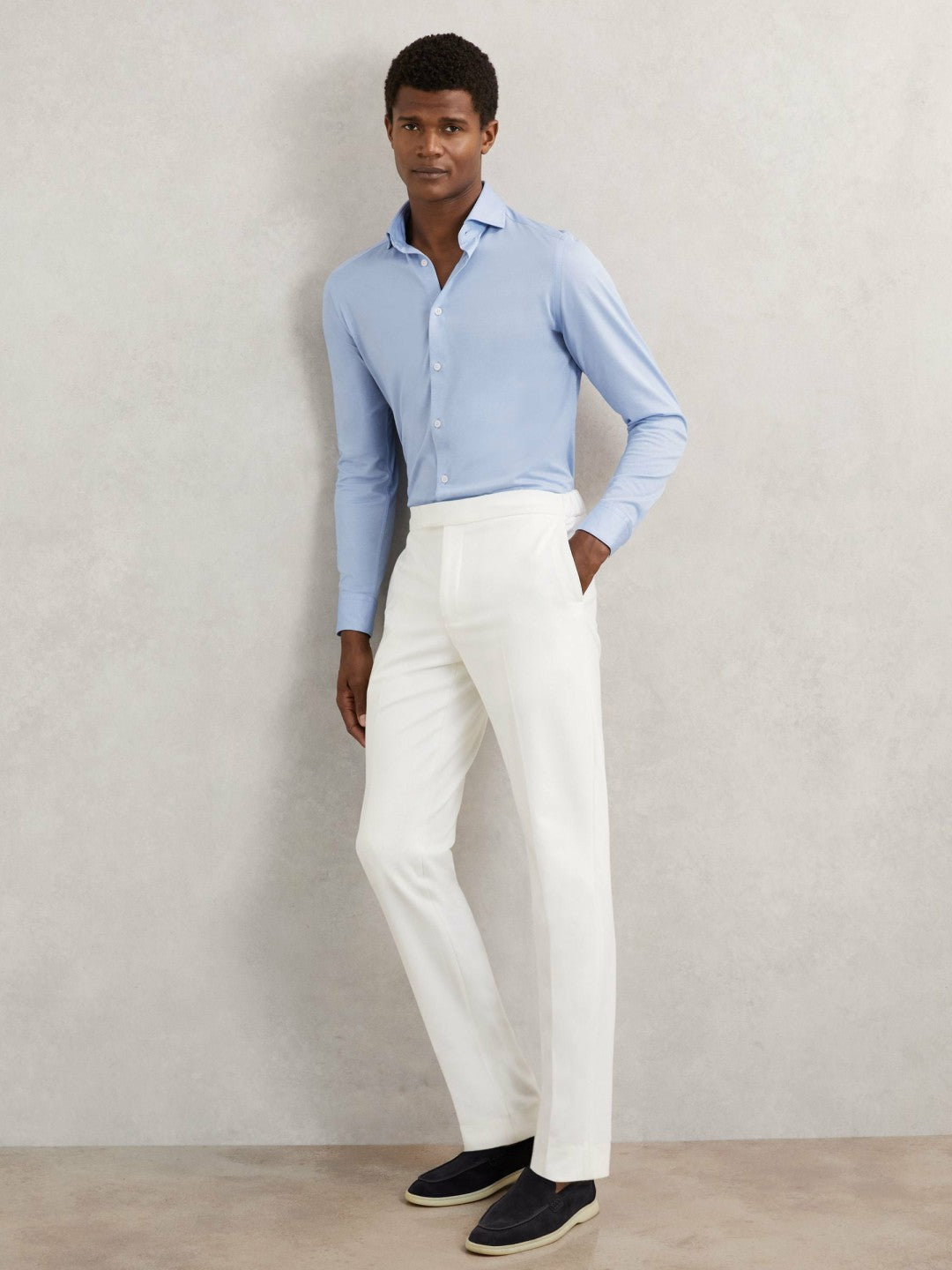 Cotton-Blend Jersey Cutaway-Collar Shirt Soft Blue | Mens