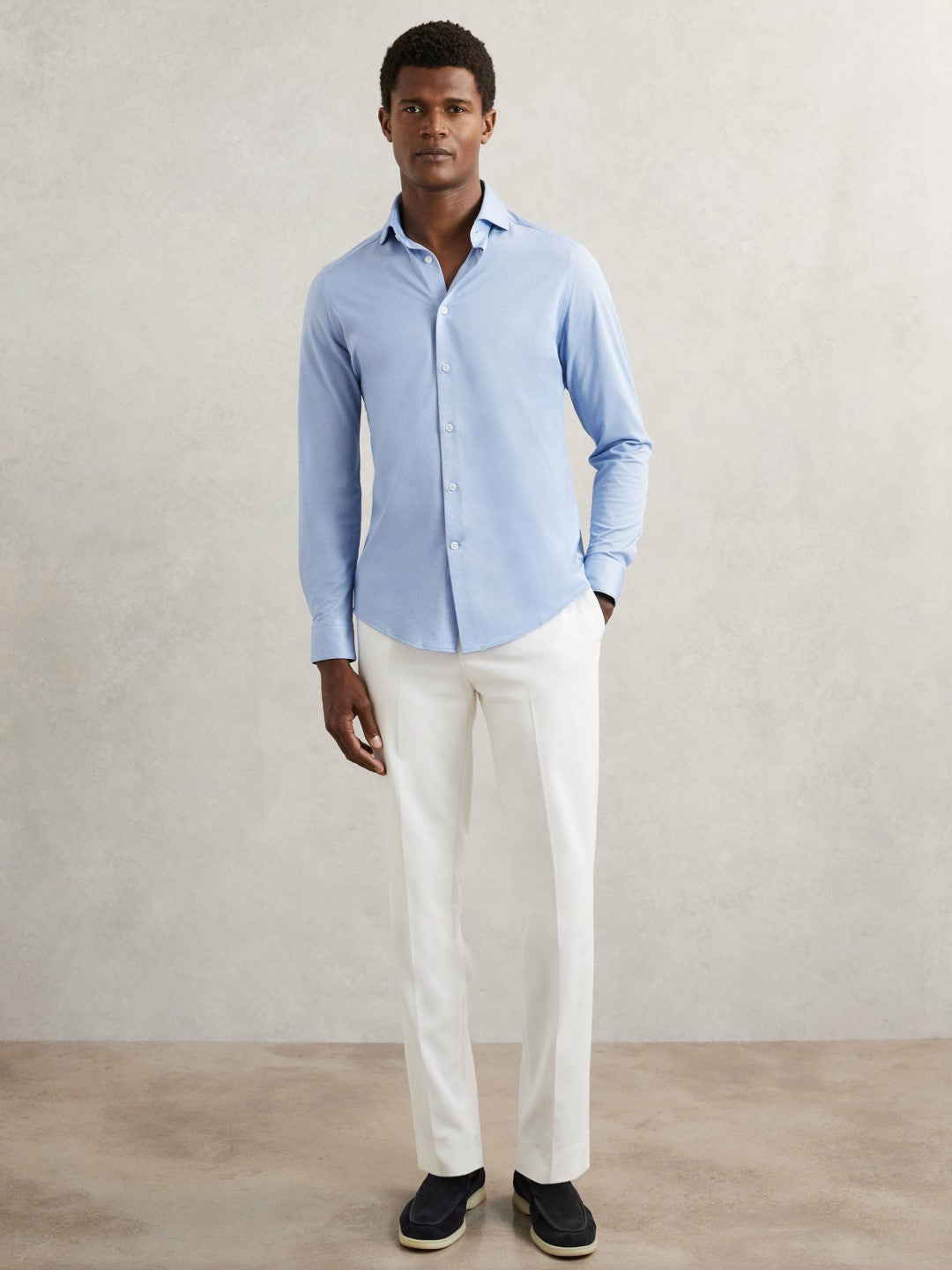 Cotton-Blend Jersey Cutaway-Collar Shirt Soft Blue | Mens