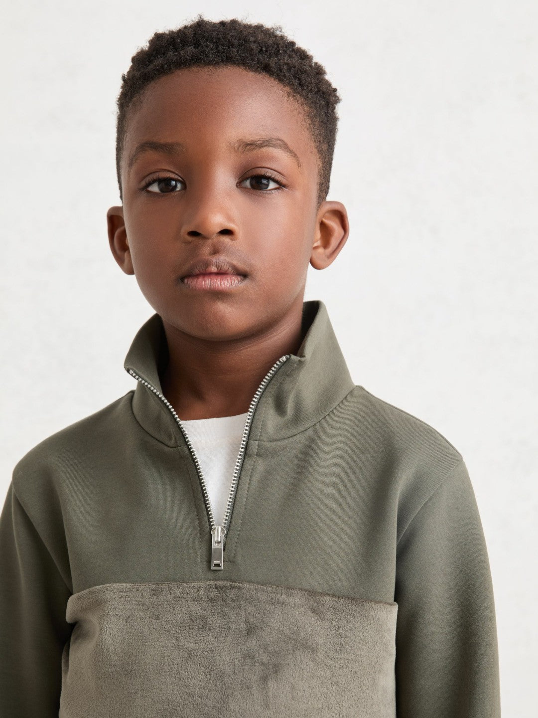 9-13 yrs Slim Fit Half-Zip Funnel Neck Velour Sweatshirt Dark Sage Green | Children
