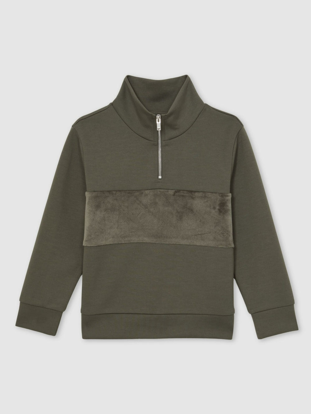 9-13 yrs Slim Fit Half-Zip Funnel Neck Velour Sweatshirt Dark Sage Green | Children