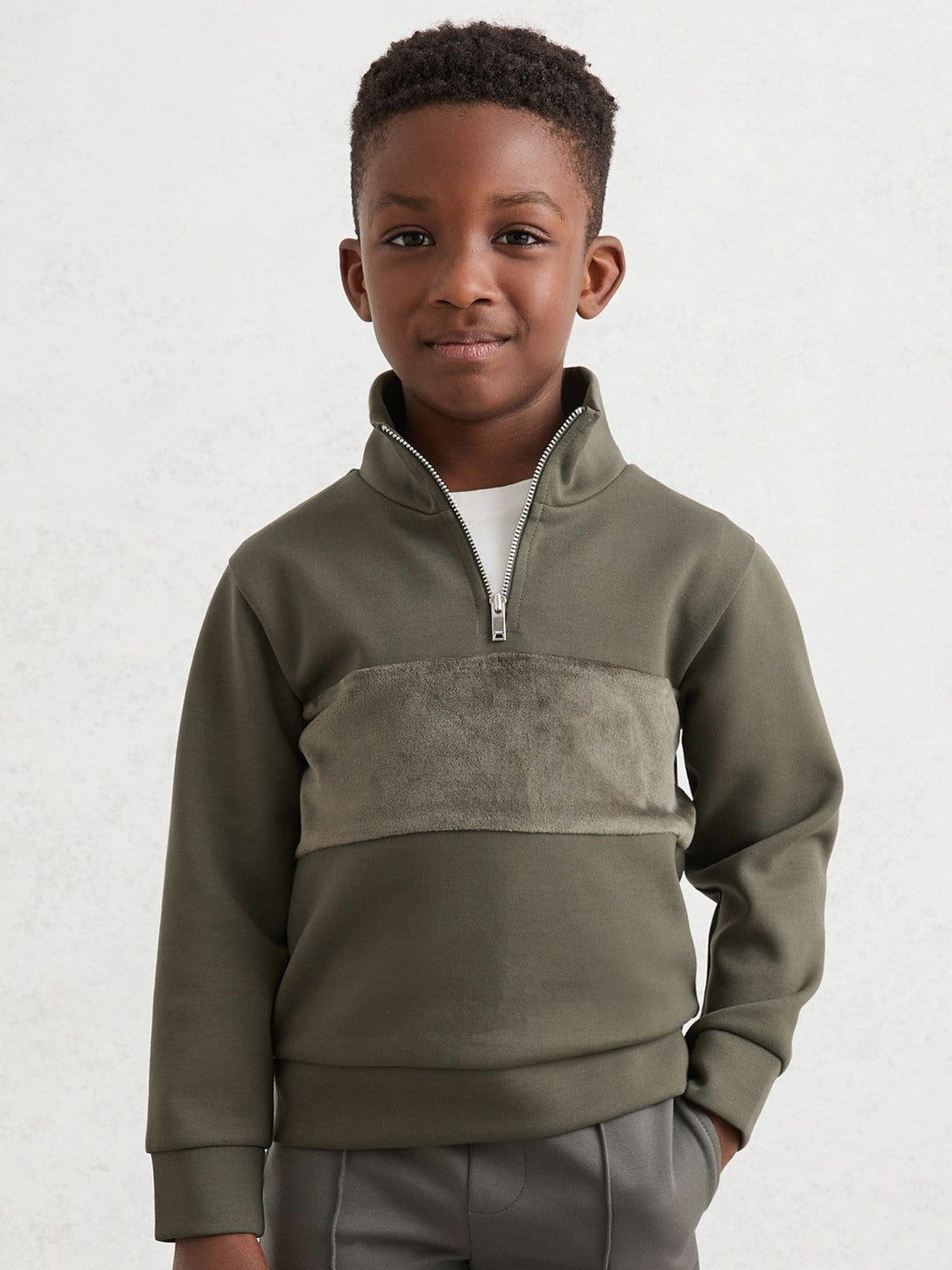 9-13 yrs Slim Fit Half-Zip Funnel Neck Velour Sweatshirt Dark Sage Green | Children