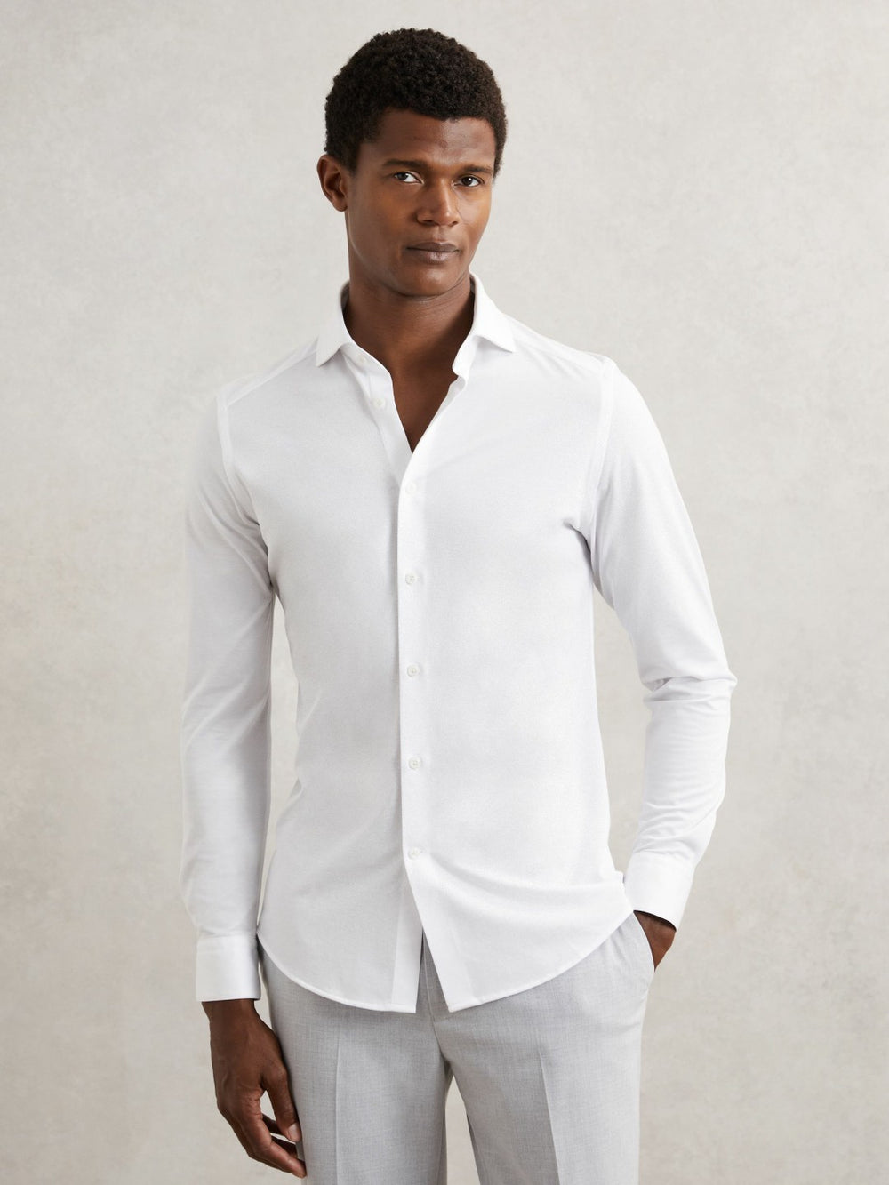 Cotton-Blend Jersey Cutaway-Collar Shirt White | Mens