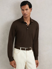 Cotton-Jersey Long Sleeve Polo Shirt Brown | Mens