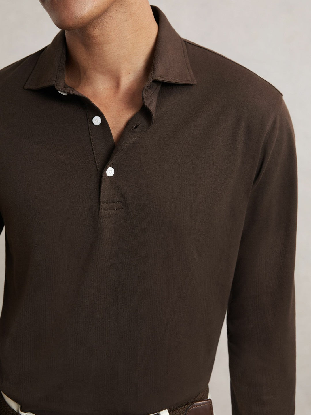 Cotton-Jersey Long Sleeve Polo Shirt Brown | Mens