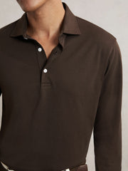 Cotton-Jersey Long Sleeve Polo Shirt Brown | Mens