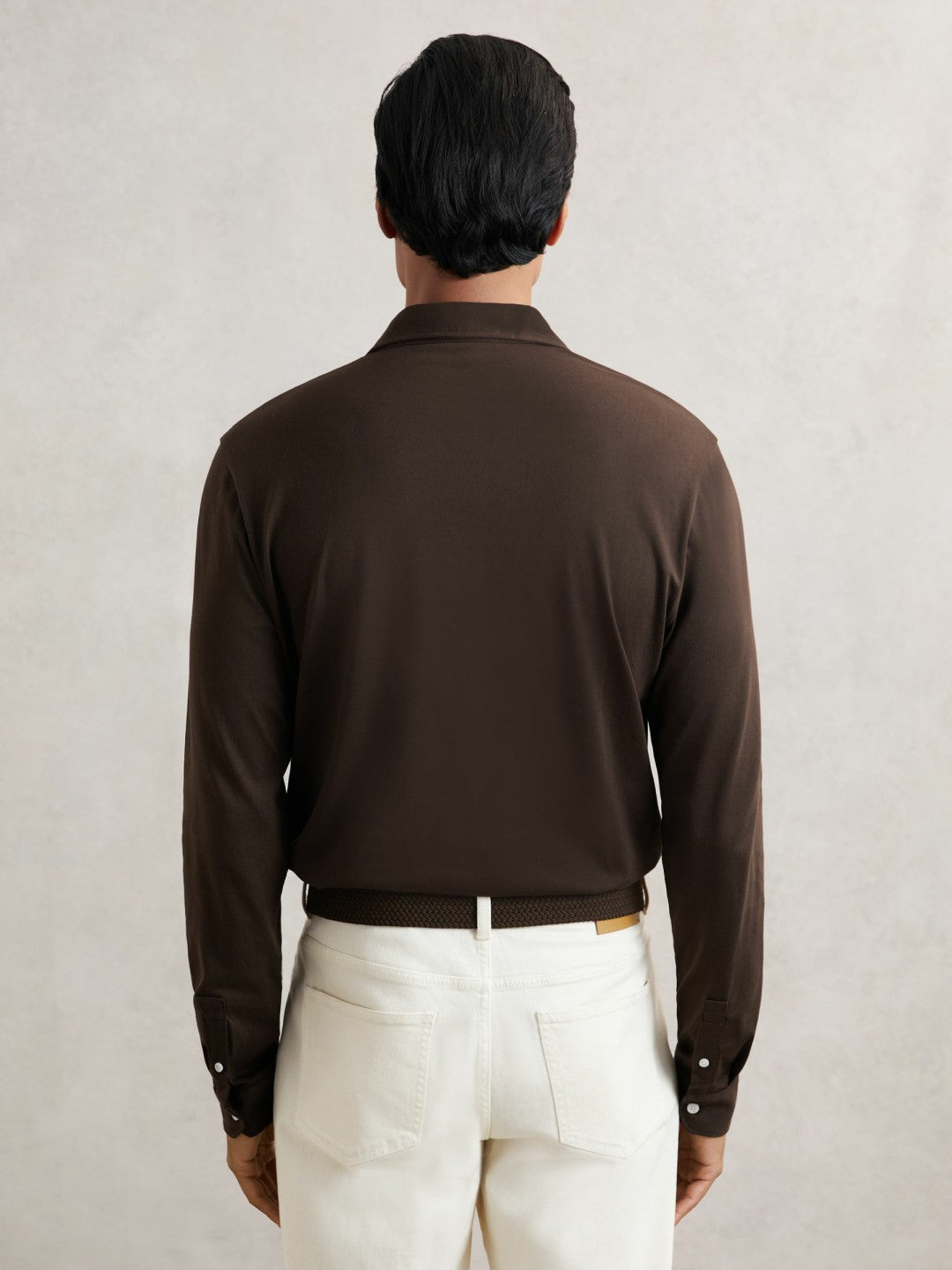 Cotton-Jersey Long Sleeve Polo Shirt Brown | Mens