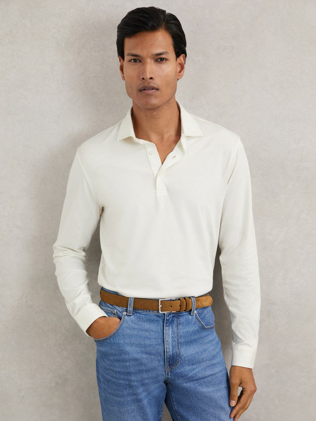 Cotton-Jersey Long Sleeve Polo Shirt White | Mens