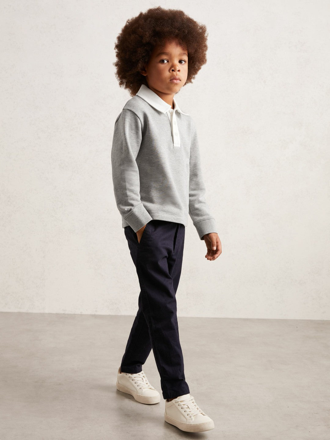Cotton Half-Button Rugby Polo Shirt Grey Marl/White | Children