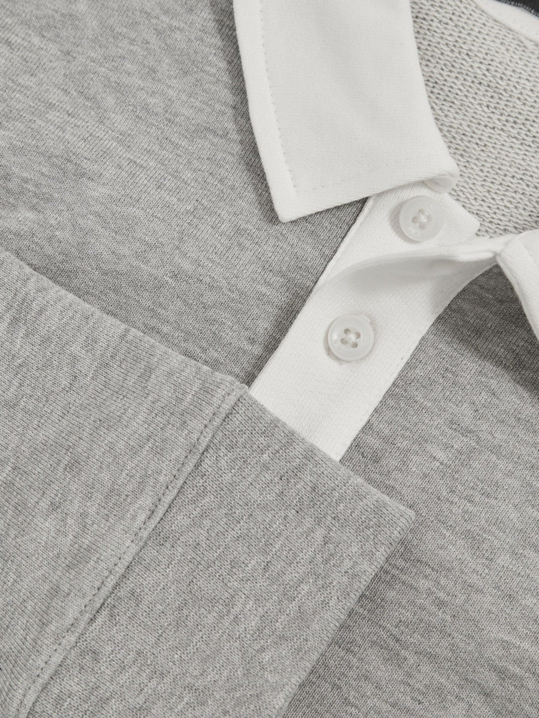 Cotton Half-Button Rugby Polo Shirt Grey Marl/White | Children