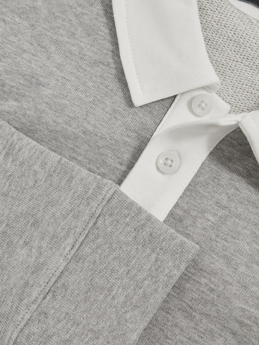 Cotton Half-Button Rugby Polo Shirt Grey Marl/White | Children