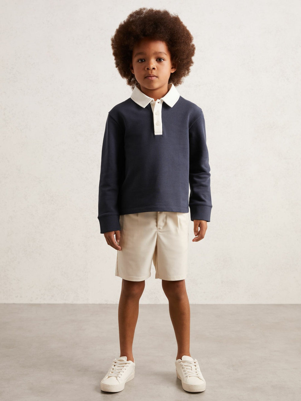 Cotton Half-Button Rugby Polo Shirt Navy/White | Children