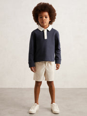Cotton Half-Button Rugby Polo Shirt Navy/White | Children