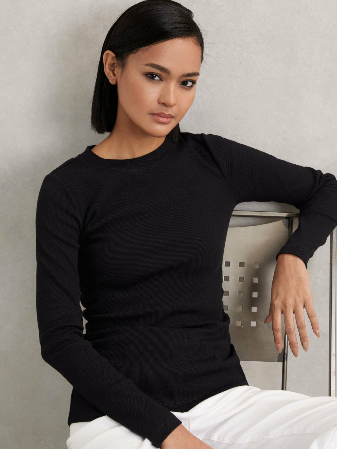 Cotton Long-Sleeve Ruched T-Shirt with Stretch Black | Womens