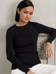 Cotton Long-Sleeve Ruched T-Shirt with Stretch Black | Womens