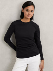Cotton Long-Sleeve Ruched T-Shirt with Stretch Black | Womens