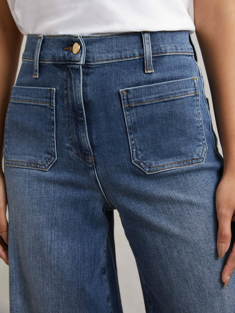 Petite Patch Pocket Wide Leg Jeans Mid Blue | Womens
