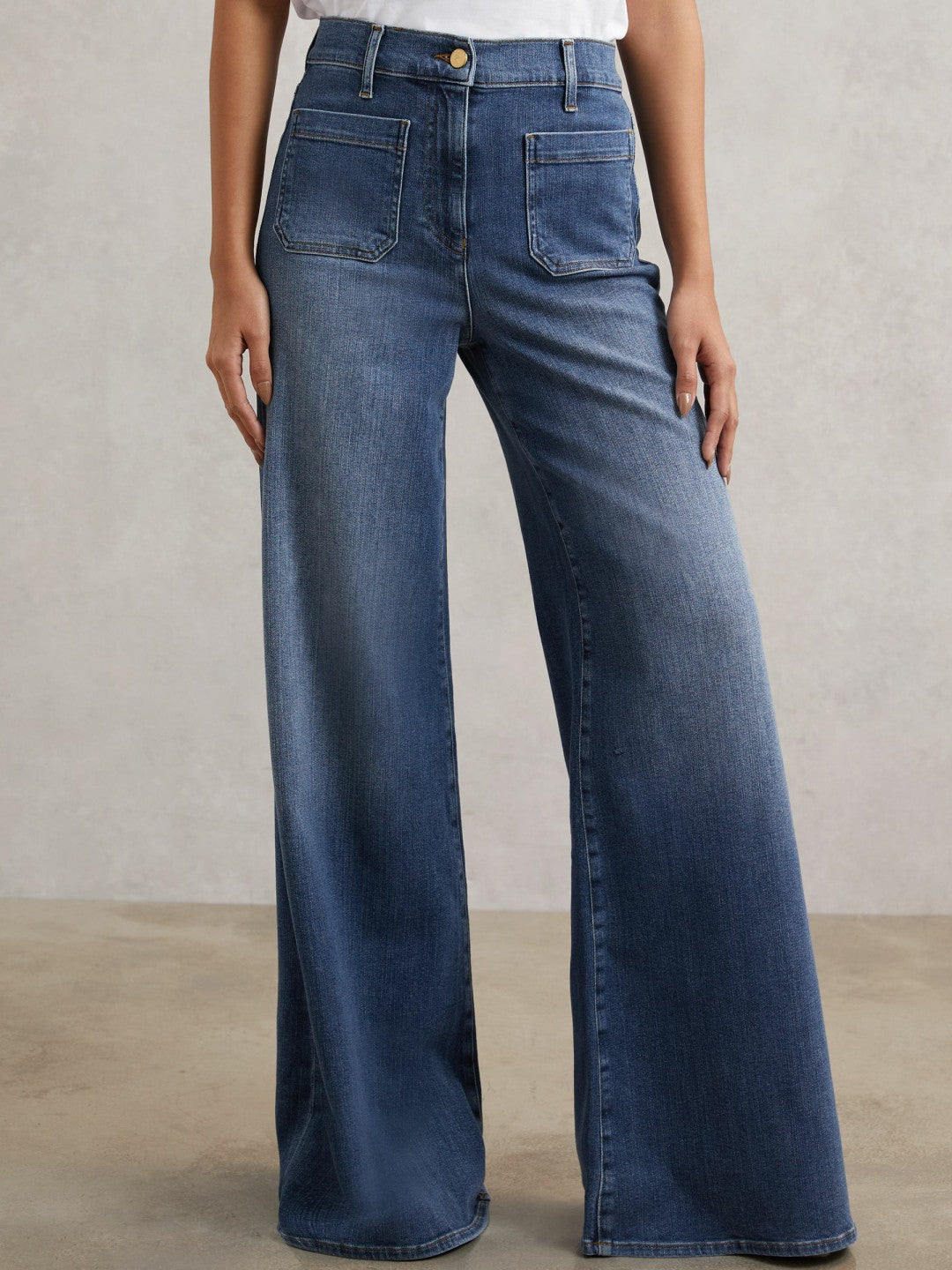 Petite Patch Pocket Wide Leg Jeans Mid Blue | Womens