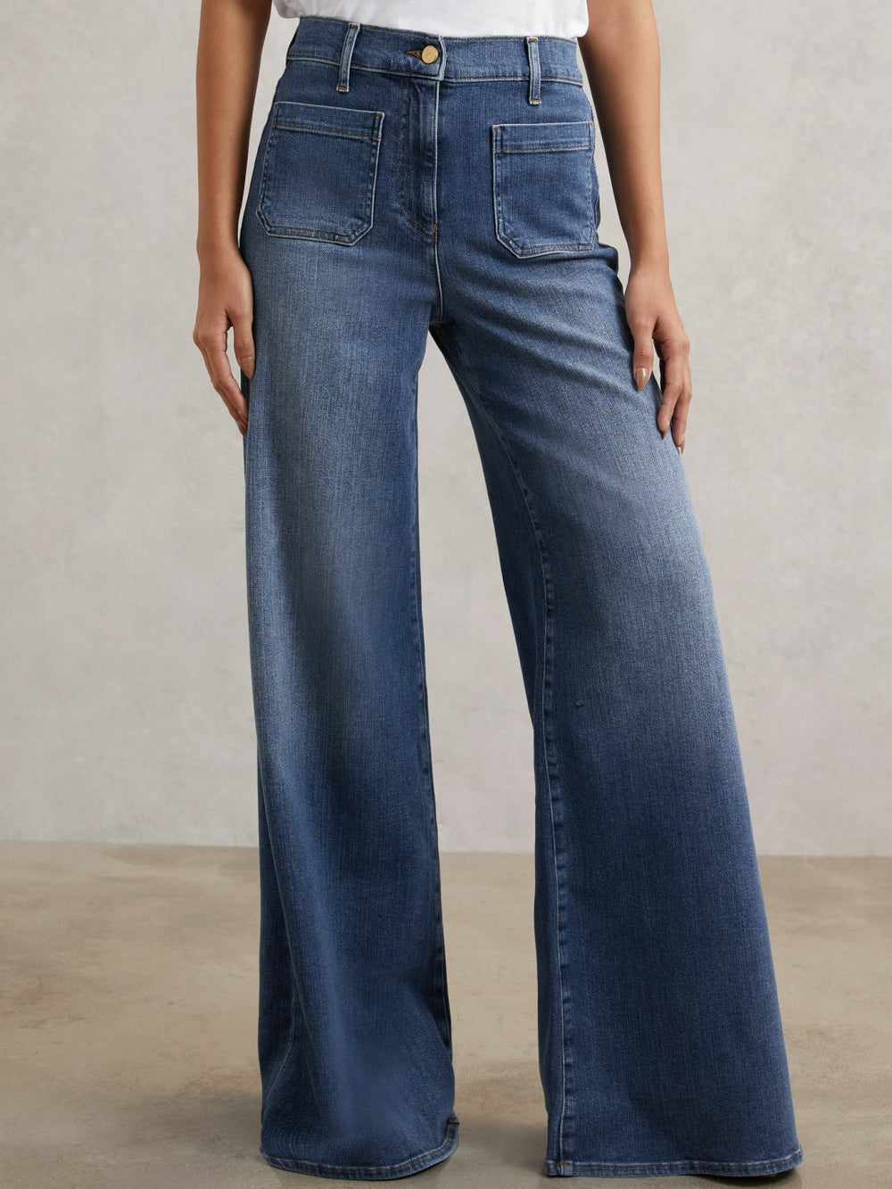 Petite Patch Pocket Wide Leg Jeans Mid Blue | Womens