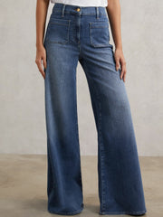 Petite Patch Pocket Wide Leg Jeans Mid Blue | Womens