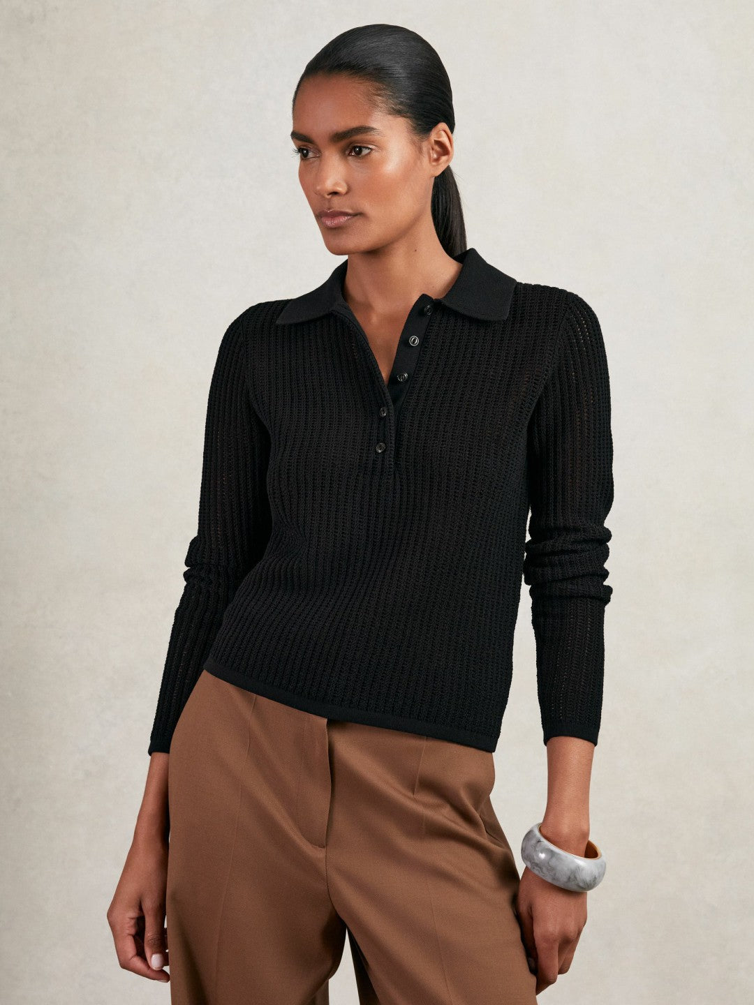 Open-Knit Long-Sleeve Polo Top Black | Womens