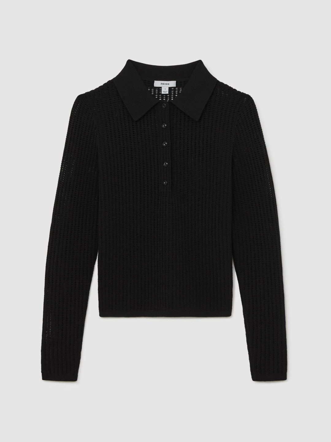 Open-Knit Long-Sleeve Polo Top Black | Womens