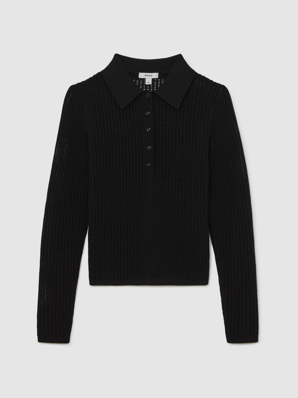 Open-Knit Long-Sleeve Polo Top Black | Womens