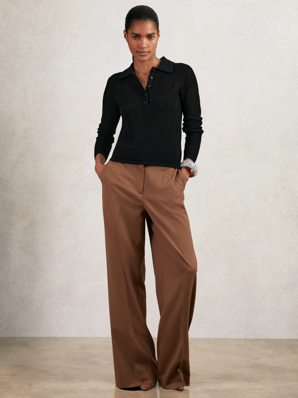 Open-Knit Long-Sleeve Polo Top Black | Womens