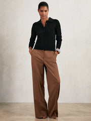 Open-Knit Long-Sleeve Polo Top Black | Womens