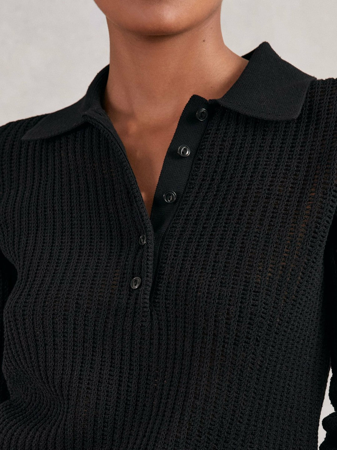 Open-Knit Long-Sleeve Polo Top Black | Womens