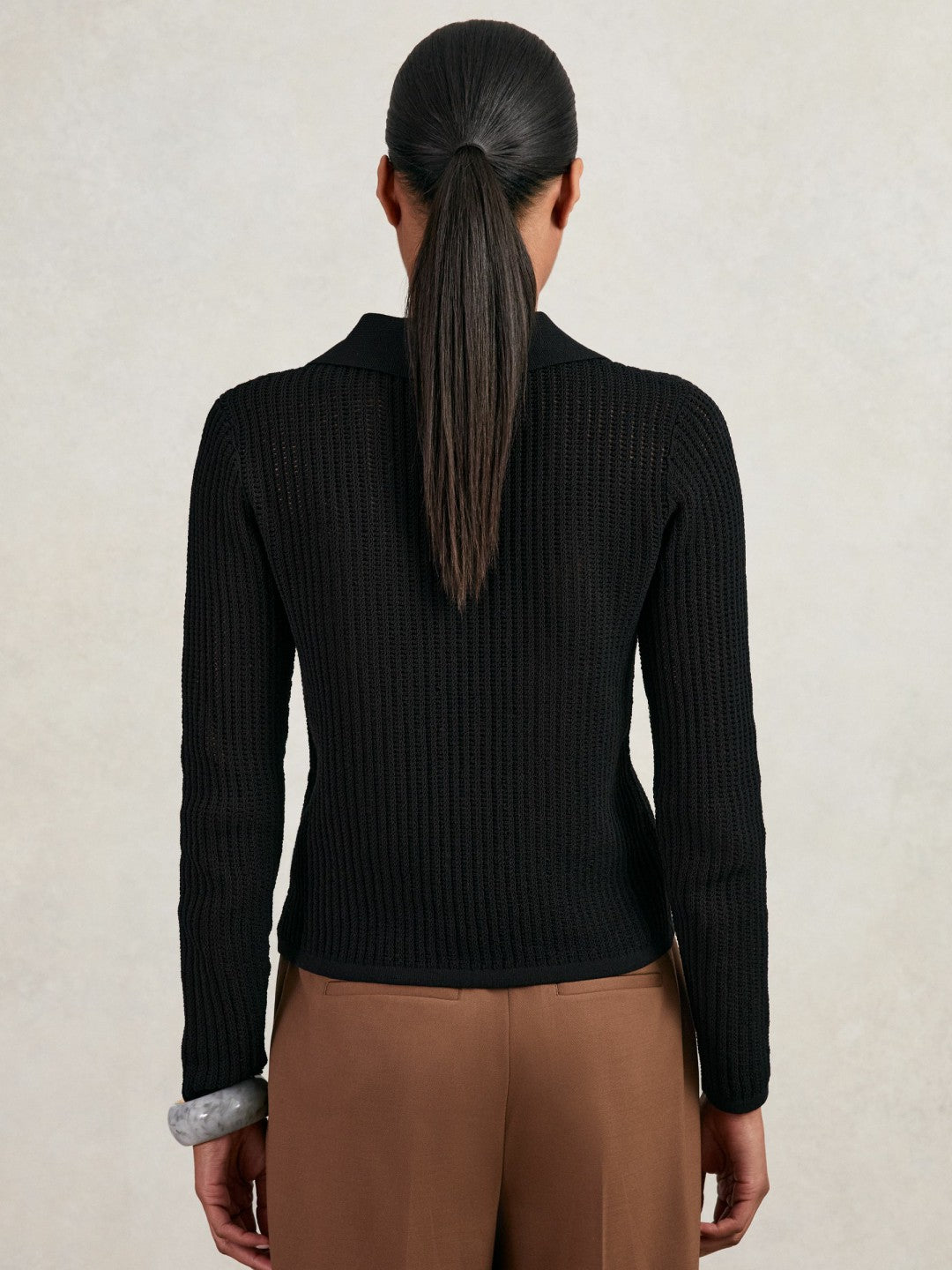 Open-Knit Long-Sleeve Polo Top Black | Womens