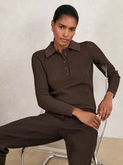 Open-Knit Long-Sleeve Polo Top Chocolate Brown | Womens