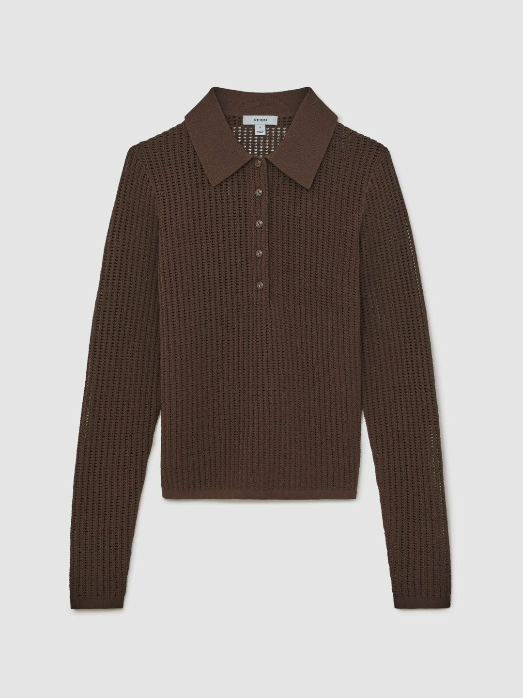 Open-Knit Long-Sleeve Polo Top Chocolate Brown | Womens