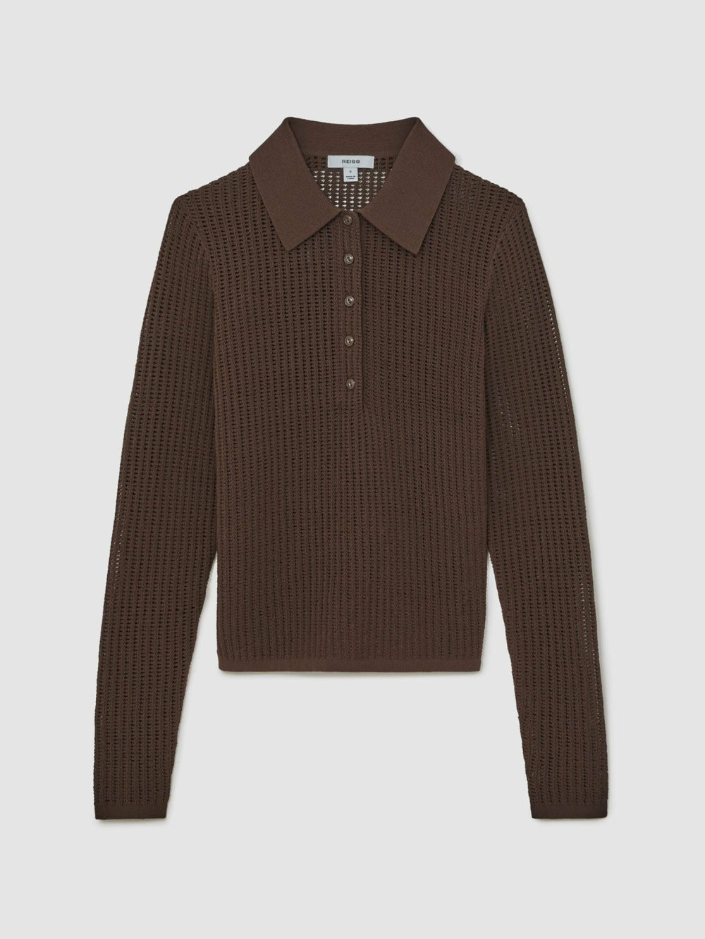 Open-Knit Long-Sleeve Polo Top Chocolate Brown | Womens