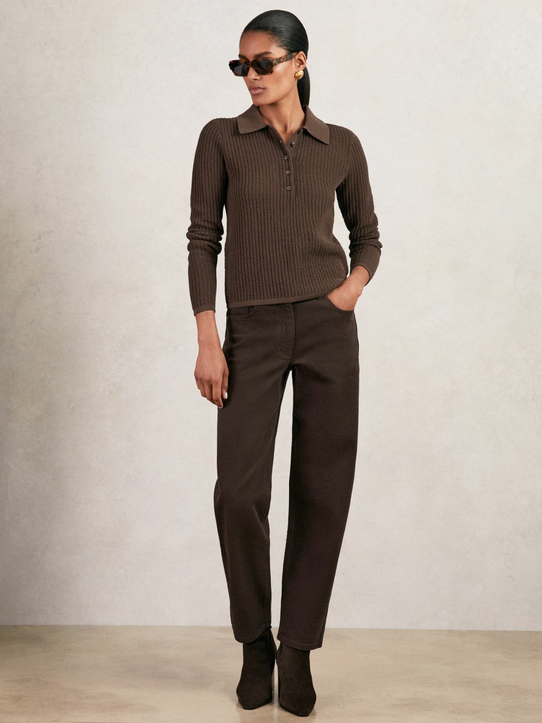 Open-Knit Long-Sleeve Polo Top Chocolate Brown | Womens