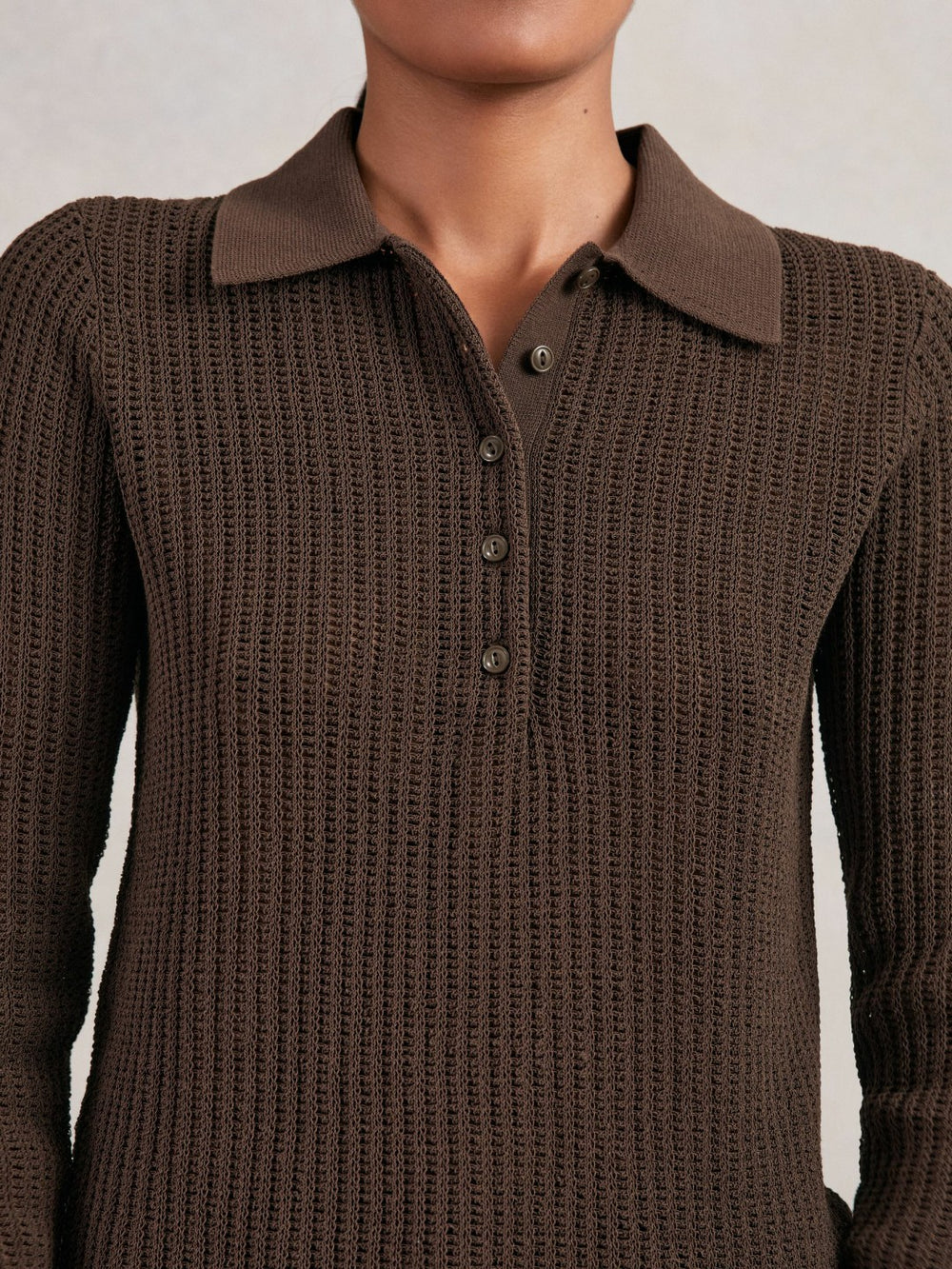 Open-Knit Long-Sleeve Polo Top Chocolate Brown | Womens