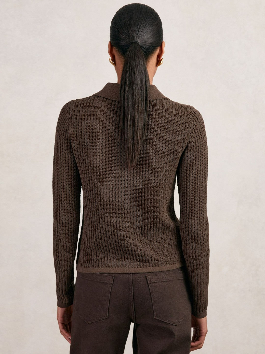 Open-Knit Long-Sleeve Polo Top Chocolate Brown | Womens